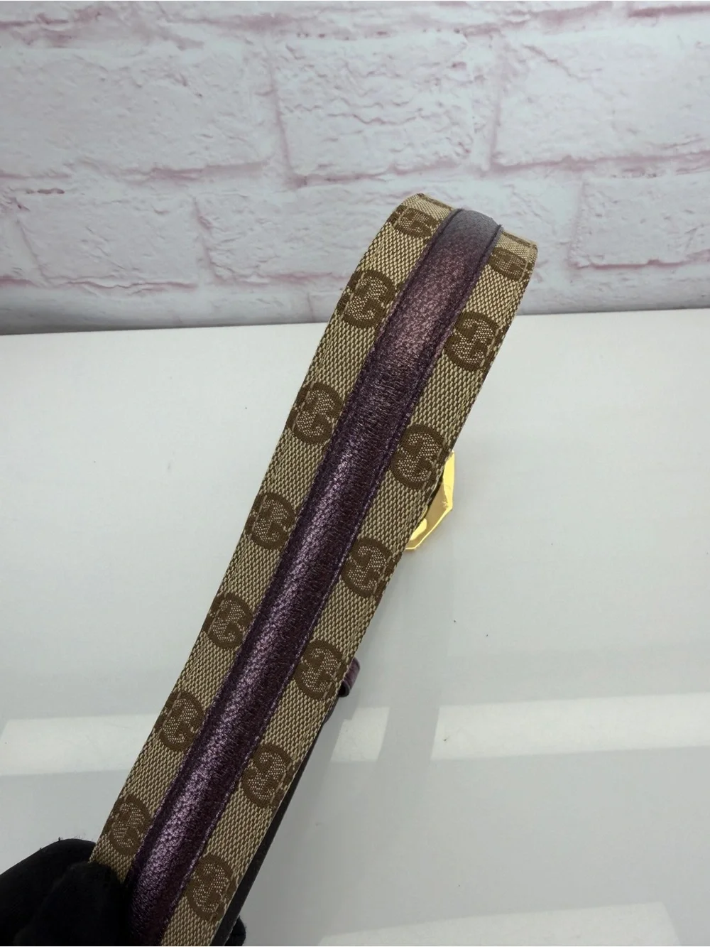 Gucci Vintage Bamboo GG Canvas Leather Waist Metallic Purple Belt 75/30